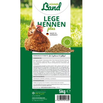 Packung von Hühner Land Lege Hennen plus, ein 5 kg Ergänzungsfuttermittel für Legehennen, mit einem braunen Huhn und detaillierten Nährwertinformationen.