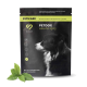 Eine schwarze und grüne Tiernahrungstüte mit der Aufschrift "PETDOG HEALTH 2503" und einem Profilbild eines Hundes, mit Text über Muskelunterstützung und Mobilität.