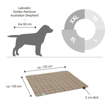 Maße des Hundebetts mit einer Silhouette eines Hundes (Labrador, Golden Retriever, Australian Shepherd) und einer Größentabelle (M, L, XL, XXL).