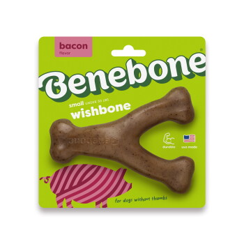 A durable, brown dog chew toy shaped like a bone, featuring the embossed text "Benebone" on its side.