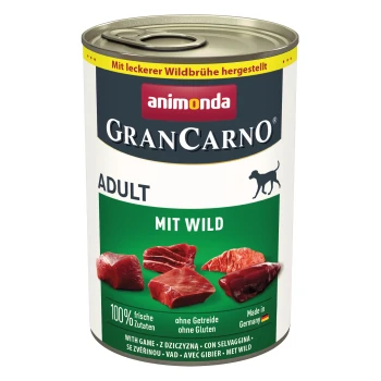 Dosen-Hundefutter von Animonda GranCarno, beschriftet mit "Adult mit Wild", mit Fleischstücken und Text, der 100% frische Zutaten, glutenfrei hervorhebt.