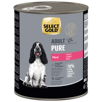 Select Gold Adult Pure Hundefutterdose mit Pferdefleisch, 70 % tierischem Protein, getreidefreie Formel, 800 g, mit Bild eines schwarz-weißen Hundes.