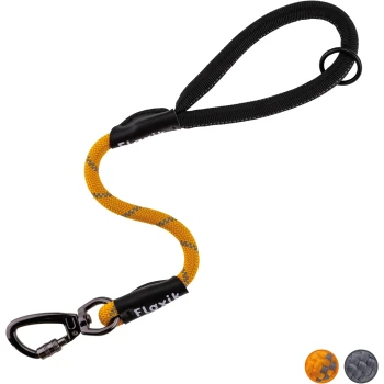 Kurzführer für Hunde - Kurzleine aus Kletterseilmaterial orange L Eine strapazierfähige Hundeleine mit einem schwarzen gepolsterten Griff und einem lebhaften gelb-grauen geflochtenen Seil, mit einem Metallclip zur Befestigung.