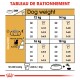 Tableau d'alimentation pour chiens détaillant les rations quotidiennes en fonction du poids (12-18 kg) et du niveau d'activité, avec des mesures en grammes et en tasses.