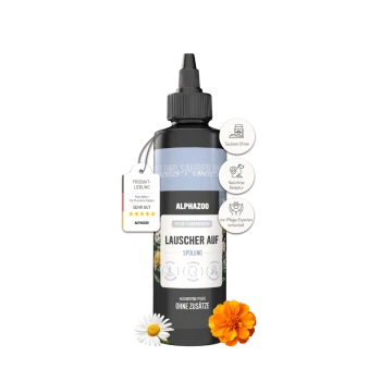 ALPHAZOO Beauty Ohrenreiniger für Hunde und Katzen mit Kamille und Ringelblume, gekennzeichnet mit "Produkt Favorit" und einer 5-Sterne-Bewertung.
