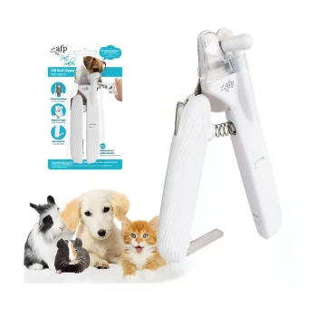 Weißer AFP-LED-Nagelknipser für Haustiere mit Feile; Verpackungstext 'afp LED Nail Clipper'; Kaninchen, Meerschweinchen, Welpe, Kätzchen.
