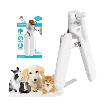 Weißer AFP-LED-Nagelknipser für Haustiere mit Feile; Verpackungstext 'afp LED Nail Clipper'; Kaninchen, Meerschweinchen, Welpe, Kätzchen.