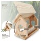 Holz-Vogelfutterspender mit klappbarem Dach, Futterplattform, Apfelhalter und Knödelhalter, vor einem Waldhintergrund.