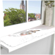 Ein gemütliches Fensterregal mit einer weichen Haustiermatte, auf der eine schlafende Katze mit einem rosa Spielzeug liegt, mit Blick auf eine von Bäumen gesäumte Straße und einen Uhrturm.