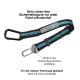 Kurgo Hundesicherheitsgurt-Harness-Anschluss mit Karabiner und Schnalle, mit deutschem Text über Kompatibilität und Gebrauchsanweisungen.