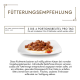 Bild von Katzenfutter auf einem weißen Teller mit Fleisch- und Gemüsestücken, mit Fütterungsempfehlungen auf Deutsch: '3 bis 4 Portionsbeutel pro Tag.'