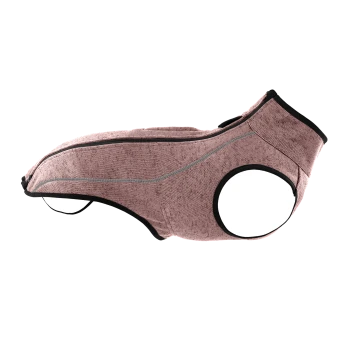 Ein pinkfarbener Hundegeschirr mit einem eleganten Design, mit schwarzem Rand und reflektierenden Nähten, vor einem weißen Hintergrund präsentiert.