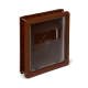 Brauner Haustierfutterbehälter mit transparentem Deckel und kleinem Sichtfenster.