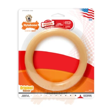 Nylabone dog toy in original flavor, designed for gentle chewers, featuring a circular shape and packaging with "Power" and "Long Lasting" labels.