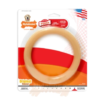 Nylabone dog toy in original flavor, designed for gentle chewers, featuring a circular shape and packaging with "Power" and "Long Lasting" labels.