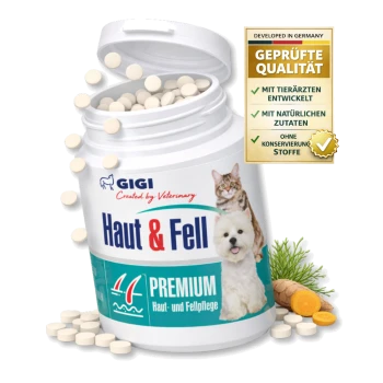 Behälter mit GIGI Haut & Fell Tabletten für Haustiere, mit 30 Tabletten, mit einem Katzenbild und GMP-zertifiziertem Logo.