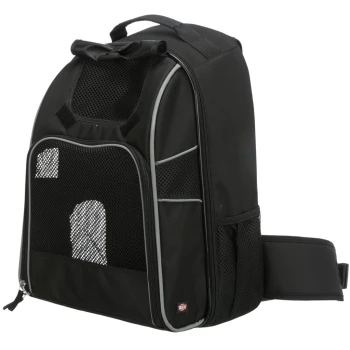 Schwarzer Haustiertrage-Rucksack mit Netzpaneelen, Seitentaschen und einem gepolsterten Schultergurt für Komfort.