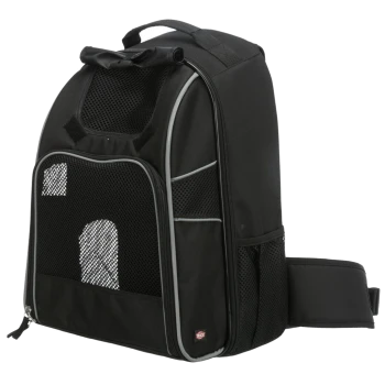 Schwarzer Haustiertrage-Rucksack mit Netzpaneelen, Seitentaschen und einem gepolsterten Schultergurt für Komfort.