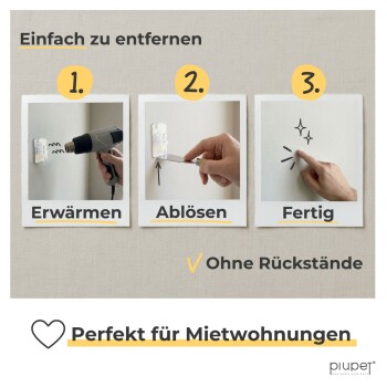 3-Schritt-Grafik zum Entfernen eines klebenden Wandhakens: Erwärmen; Ablösen; Fertig. Ohne Rückstände. Perfekt für Mietwohnungen.