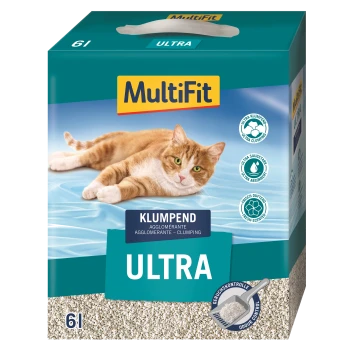 Eine 6-Liter-Box MultiFit Ultra Katzenstreu in Blau und Grün, beschriftet mit "ULTRA" und "KLUMPEND," mit "Ultra Absorbierend" und "Frisch duftend."