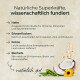 'Natürliche Superkräfte, wissenschaftlich fundiert' – Hafer, Erbsenflocken, Kokos, Bierhefe. Bild: Kokosnuss, Erbsen, Sonnenblume.