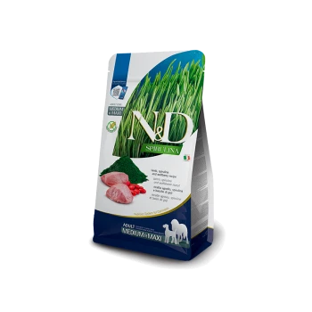 Torba karmy dla psów N&D Spirulina z jagnięciną i spiruliną, oznaczona dla dorosłych psów średnich i maxi, z informacjami o wartości odżywczej.