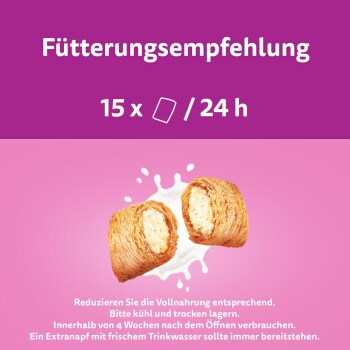 Fütterungsempfehlung: 15 x Portionen pro 24 h. Bild von zwei Haustierfutterrollen mit einem Spritzer Milch, Lager- und Verwendungshinweisen darunter.