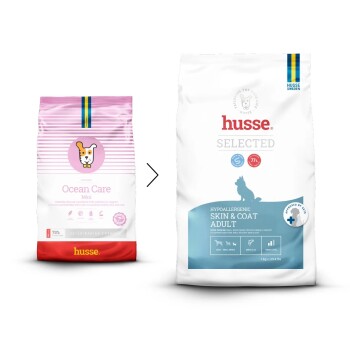 Hundfutterverpackung mit 'Ocean Care Mini' und Fütterungshinweisen für verschiedene Hundewicht und tägliche Rationen.