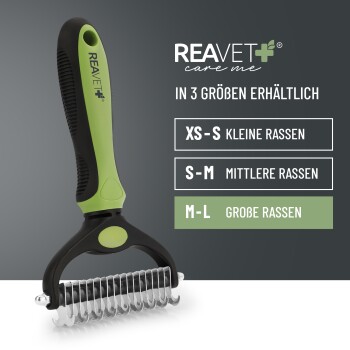 Ein Pflegewerkzeug mit einem grün-schwarzen Griff, beschriftet mit 'REAVET care me', entworfen für Haustiere, erhältlich in den Größen XS-S, S-M und M-L.