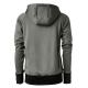 Rückansicht eines grauen Hoodies mit Kapuze, der lange Ärmel und schwarze Bündchen hat, entworfen für Freizeitkleidung.