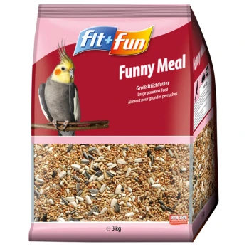 Eine Tüte "fit+fun Funny Meal" großes Wellensittichfutter, mit einem Nymphensittich, der auf einem Ast sitzt, mit einer bunten Mischung aus sichtbaren Samen.
