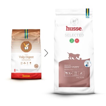 Hundefutterbeutel mit der Aufschrift 'Valp Digest' für Welpen mit empfindlichen Verdauungssystemen, mit Symbolen für Verdauung, glutenfrei, hypoallergen und Lamm.