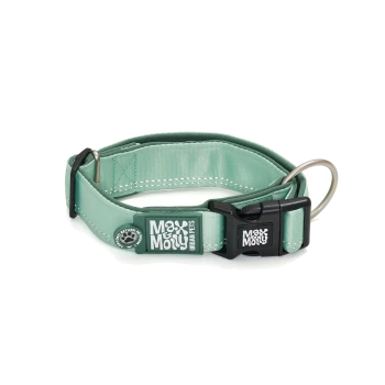 Mintgrünes verstellbares Hundehalsband mit schwarzer Schnalle und Metall-D-Ring, gestepptem Rand und Anhängern mit der Aufschrift 'Max & Molly Urban Pets'