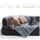 Zwei Hunde ruhen auf einer schwarzen Couch, die mit einer weichen grauen Decke bedeckt ist; ein großer brauner Hund schläft, während ein kleiner schwarzer Pudel neben ihm sitzt.