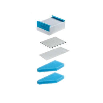 Ein Set von Ersatzteilen für Aquariumfilter, einschließlich eines blauen Kunststoffrahmens, mehrerer Filterpads und zwei blauen Schaumstoffblöcken.