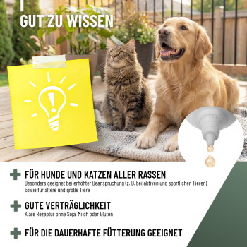 Collage mit einer Person, die eine Katze hält, einer Person, die einen Hund streichelt, und einer Frau mit einem Pferd. Der Text lautet "NATURPRODUKTE" und "Damit es dir gut geht."