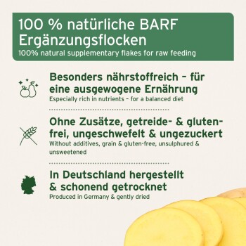 100% natürliche Ergänzungsflocken für die Rohfütterung, die Nährstoffreichtum, keine Zusatzstoffe und Produktion in Deutschland hervorheben.
