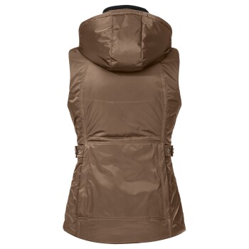 Eine braune Haustierweste mit Kapuze, mit einem eleganten Design und verstellbaren Seitenträgern, von hinten betrachtet.