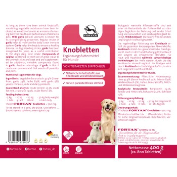 Nahrungsergänzungsmittel für Hunde, "Knobbletten" von Fortan, mit Knoblauch und Bärlauch. Enthält 400g (ca. 800 Tabletten).