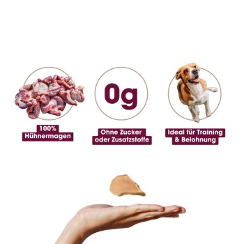Bild von Haustierfutter mit rohen Hühnermägen, beschriftet mit '100% Hühnermagen', mit '0g' Zucker und 'Ideal für Training & Belohnung.'