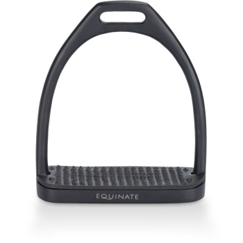 Schwarzer Pferdereitsteig mit strukturiertem Fußbett, mit dem Markennamen "EQUINATE" an der Seite.