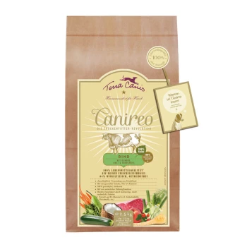 Canireo Adult Rind 2,5 kg Braune Papiertüte mit Terra Canis Trockenfutter für Hunde, gekennzeichnet mit "Canireo" und einer Kuhillustration, mit den Texten "Rind" und "100% Natur".