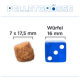 Bild, das die Pelletgröße für Haustierfutter vergleicht, zeigt ein Pellet (7 x 17,5 mm) neben einem blauen Würfel (16 mm) mit dem Text "PELLETGRÖSSE" und "Würfel".