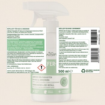 Weiße Sprühflasche mit Abzugssprühkopf, beschriftet mit 'Repellent for Home & Environment' 500 ml, AniForte Parasitenabwehr mit mehrsprachigem Etikett.
