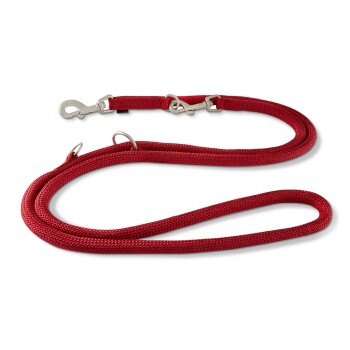 Rote verstellbare Hundeleine mit Metallclips und Ringen auf weißem Hintergrund.