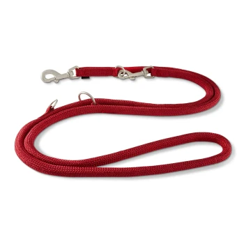 Rote verstellbare Hundeleine mit Metallclips und Ringen auf weißem Hintergrund.