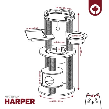 Diagramm eines mehrstöckigen Katzenbaums namens Harper mit in Zentimetern beschrifteten Maßen.