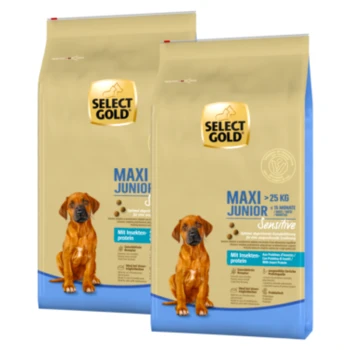 Zwei Tüten Select Gold Maxi Junior Hundefutter für Hunde über 25 kg, mit einem braunen Hund und dem Hinweis auf Insektenprotein.