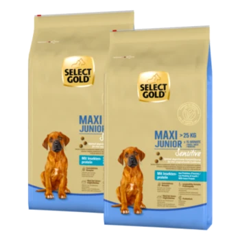 Deux sacs de nourriture pour chiens Select Gold Maxi Junior pour chiens de plus de 25 kg, mettant en avant un chien brun et soulignant la protéine d'insecte.