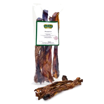 Getrocknete Pferdetenden in einer klaren Verpackung, beschriftet mit "Masterfeed" und dem Wort "Pferdesehnen", das mehrere lange, kaubare Snacks zeigt.